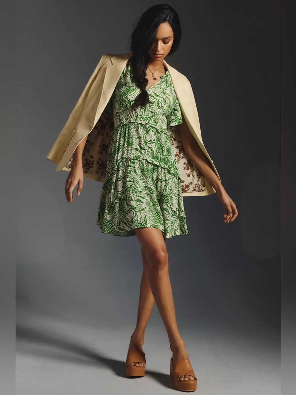 Anthropologie Green Leaf-Print Tiered Mini Dress - Women. Size XL